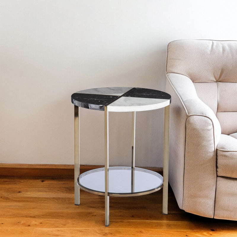 Manufactured Wood And Iron Round End Table With Two Shelves - Black