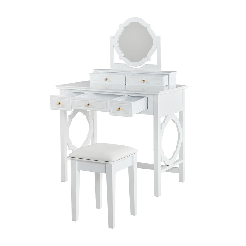 Wood Mirrored Five Drawer Vanity Table - White