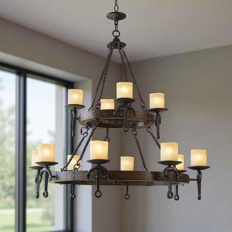 Twelve Light Resin Dimmable Chandelier With Shades - Bronze