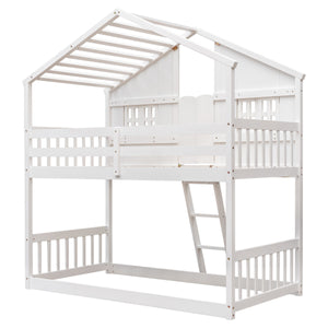 Twin over Twin House Bunk Bed with Roof , Window, Window  Box, Door , with Safety Guardrails and Ladder,White