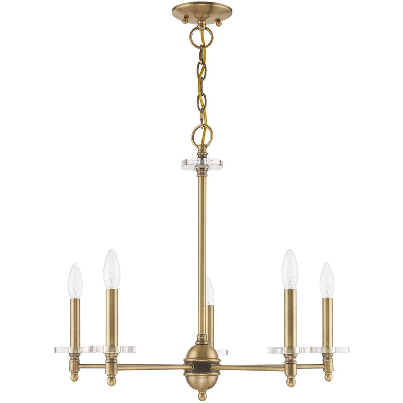 Five Light Metal Dimmable Chandelier With Shades - Antiqued Brass / Clear