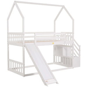 Twin over Twin House Bunk Bed with Convertible Slide,Storage Staircase,White