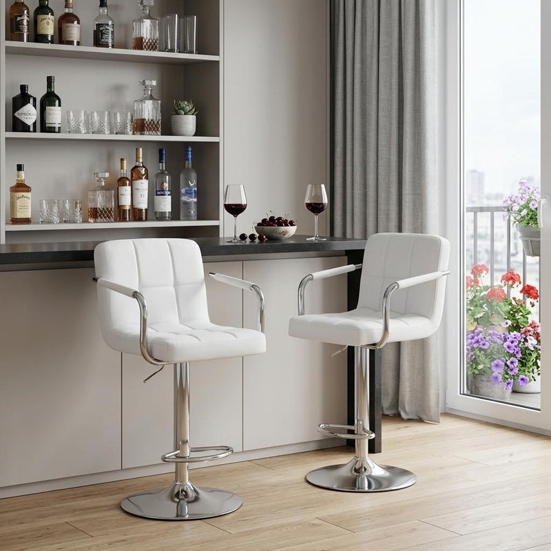 Faux Leather Swivel Bar Chairs (Set of 2) - White / Silver
