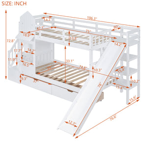 Twin-Over-Twin Castle Style Bunk Bed with 2 Drawers 3 Shelves and Slide - White