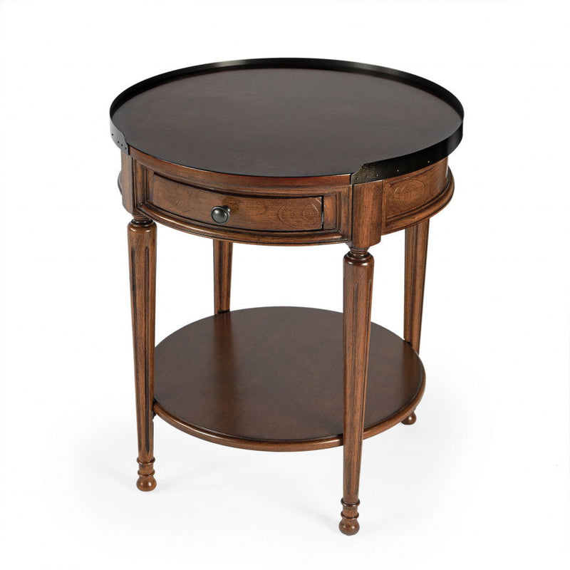 Manufactured Wood Round End Table With Drawer And Shelf - Medium Brown