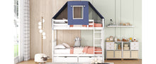 Load image into Gallery viewer, Twin Over Twin Bunk Bed Wood Bed with Tent and Drawers, White+Blue Tent
