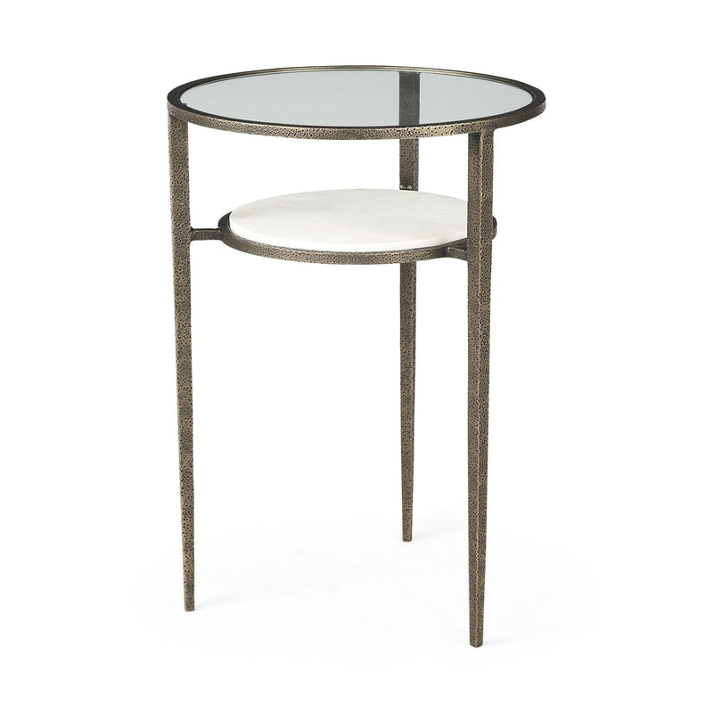 Glass And Metal Round End Table With Shelf - Bronze And Clear