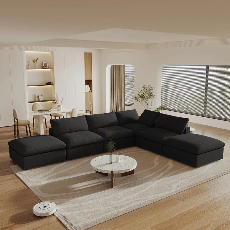2 Piece Living Room Set Blend Modular Sofa With Ottoman Storage - Black