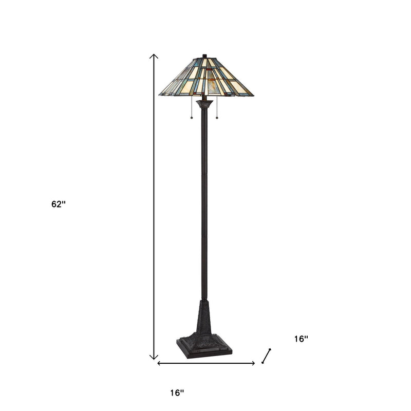 Two Light Traditional Shaped Floor Lamp With Gray And Ivory Abstract Tiffany Glass Empire Shade - Bronze