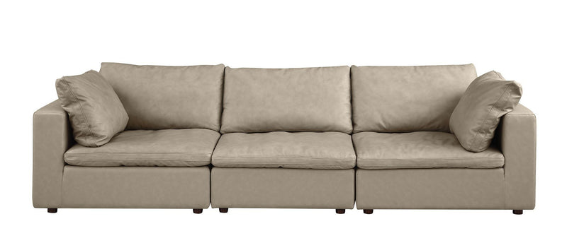 Top Grain Leather Reclining Solid Wood Sofa - Beige