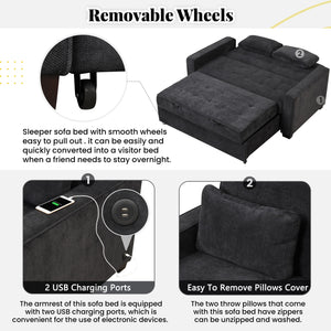 65.7" Velvet Upholstered Sleeper Bed , Pull Out Sofa Bed Couch attached two throw pillows,Dual USB Charging Port and Adjustable Backrest for Living Room Space, Black