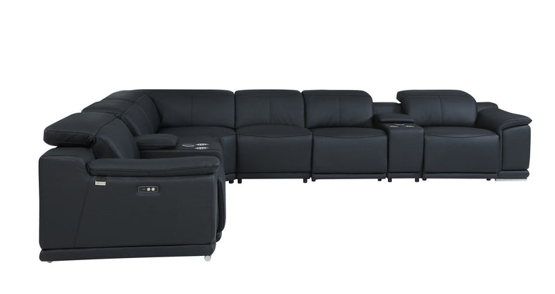 Italian Leather Power Reclining Eight Piece Corner Sectional With Console - Black