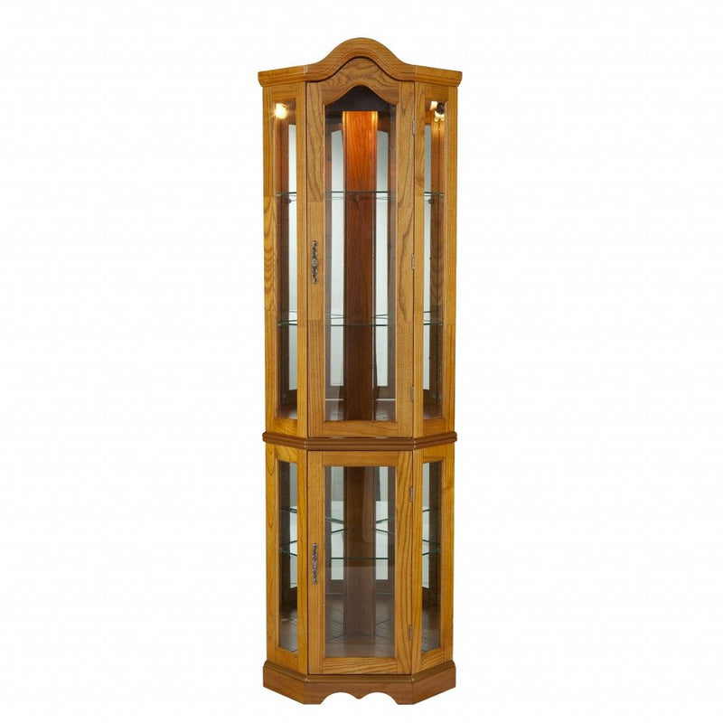 Golden Scallop Top Lighted Corner Curio Cabinet - Brown