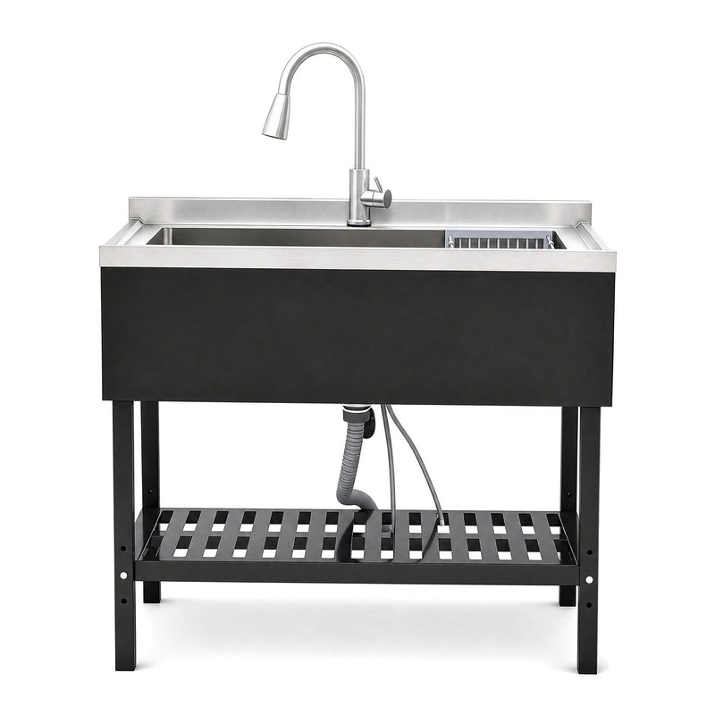 Freestanding Utility Sink With Pull Out Faucet And Large Storage Grille - Black / Silver