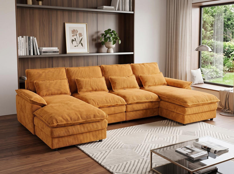 Chenille Modular U Shaped Four Piece Sofa And Chaise Sectional With Console And Toss Pillows - Orange