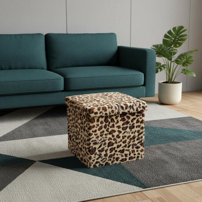 15" Plastic Animal Print Storage Ottoman - Beige / Brown