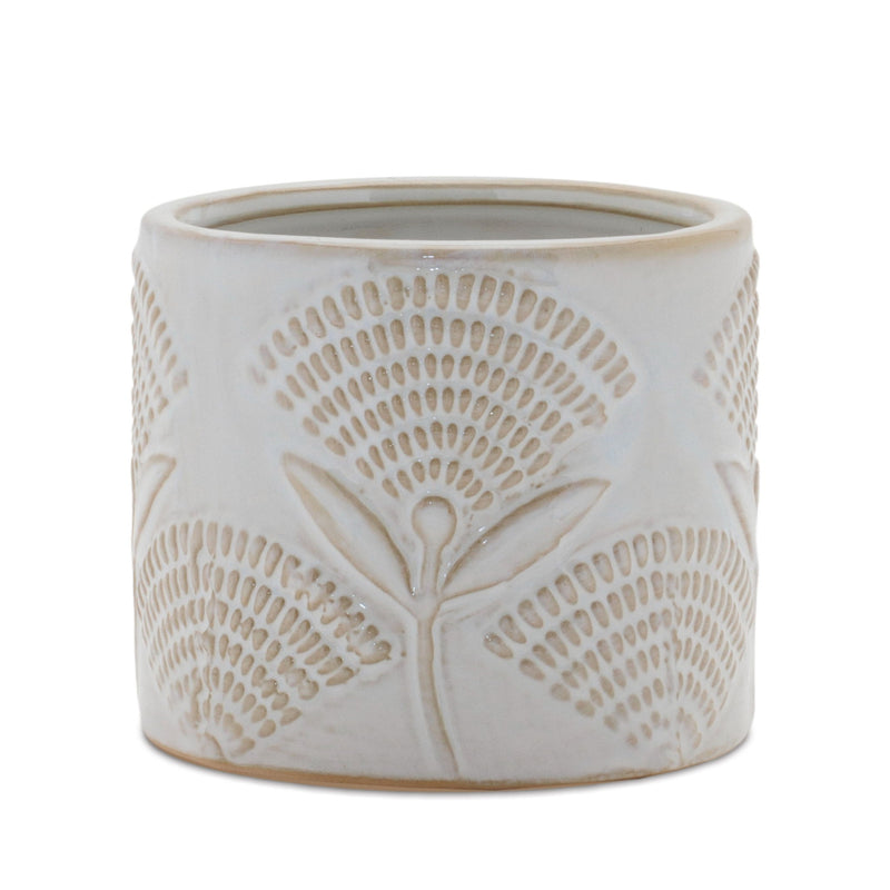 Porcelain Leaf Round Pot Planters (Set of 2) - White / Beige