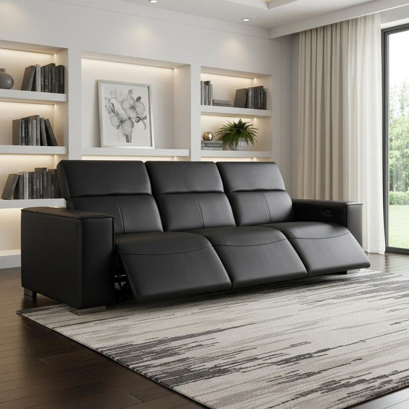 Top Grain Leather Reclining Metal USB Sofa (720307) - Black