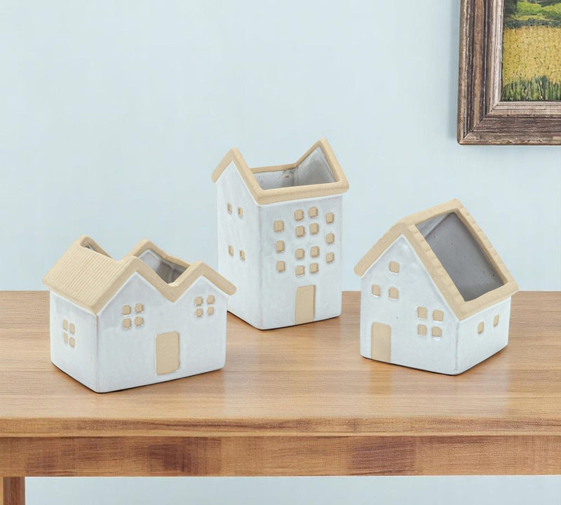 House Trio Pot Planters (Set of 3) - White / Natural