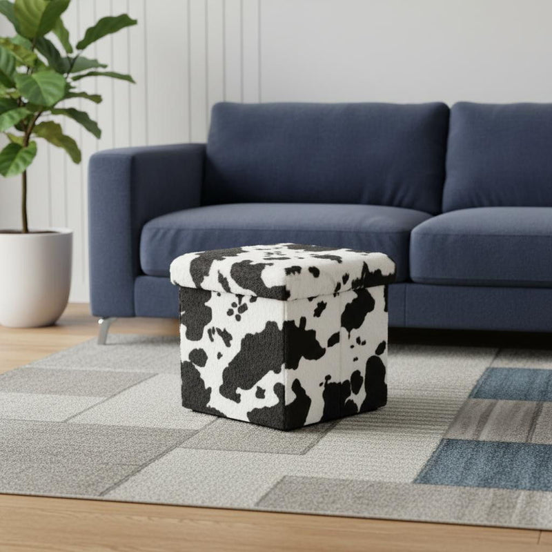 15" Plastic Cow Print Storage Ottoman - White / Black