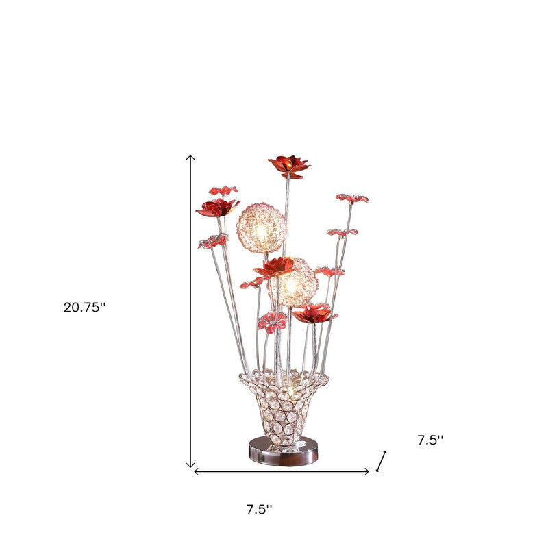 Metal And Faux Crystal Red Roses Bedside Lamp - Silver And Clear