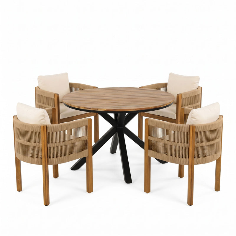 5 Piece Outdoor Dining Set With Round Table And 4 Wrapped Chairs - Black / Brown / Teak