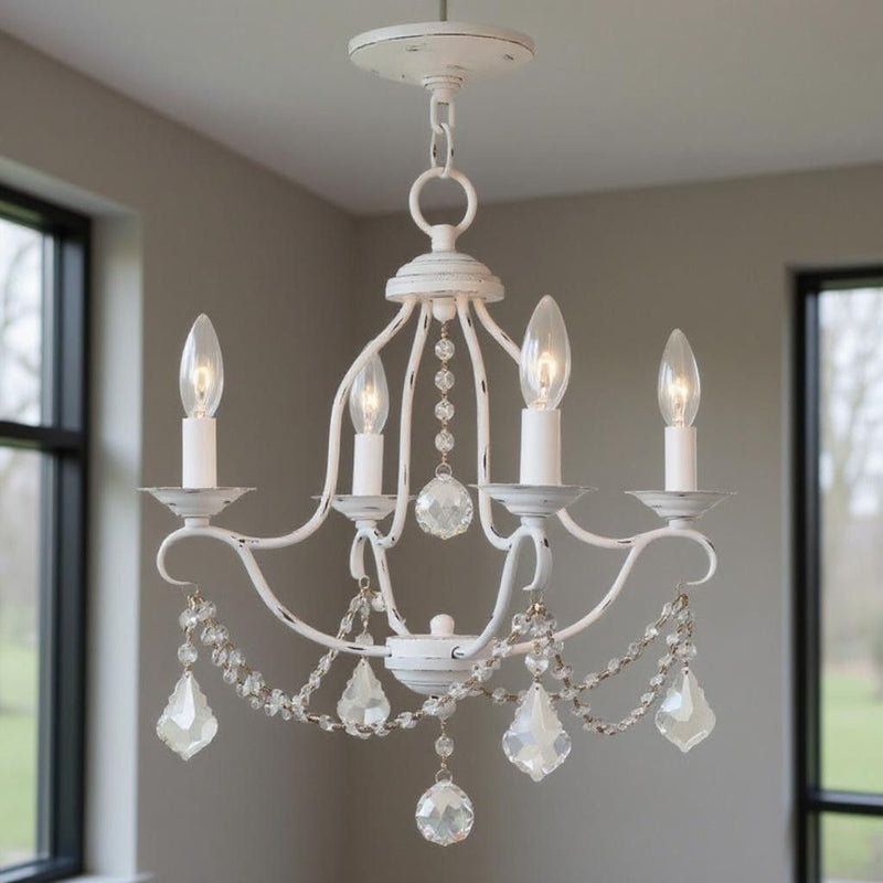 Four Light Metal Dimmable Chandelier With Shades - Antiqued White
