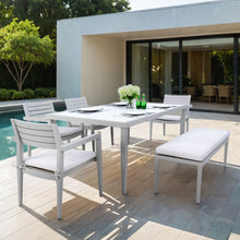 Load image into Gallery viewer, 6 Piece Dining Set Modern Outdoor Patio Furniture, 4 Dining Chairs &amp; 1 Dining Bench Sunbrella Fabric And 2 Tone Rectangle Table With Umbrella Hole - Matte White / Grayish
