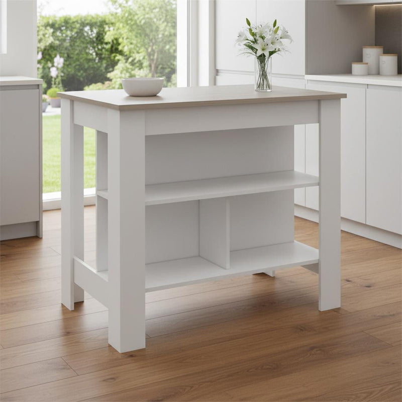 Light Gray And Wood Kitchen Island With Storage - White