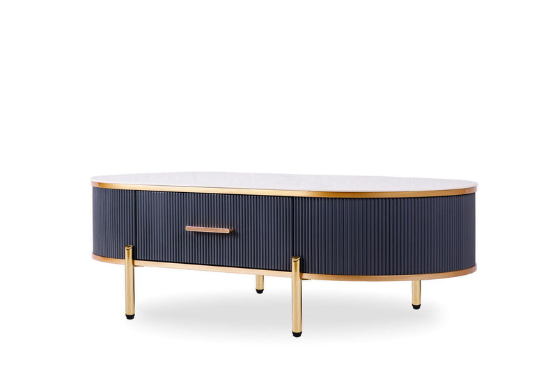 Stone And Stainless Steel Oval Coffee Table With Drawer - White And Gold