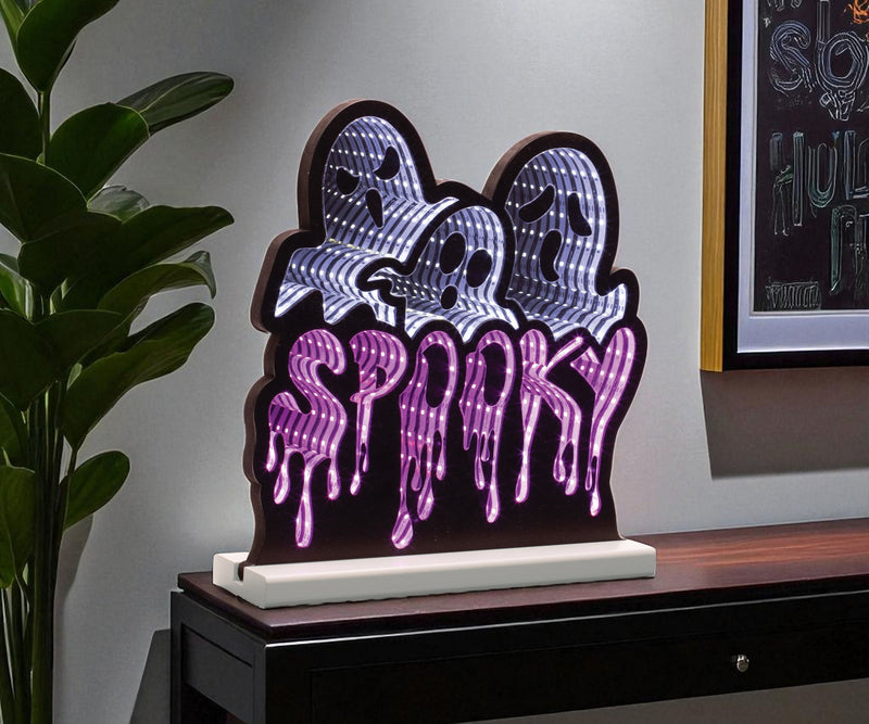 Halloween Ghost Tabletop Sign With LED (633944) - White / Black / Purple