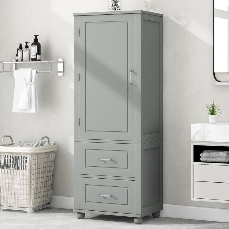 Tall Freestanding Bathroom Storage Cabinet With 2 Drawers And Adjustable Shelf