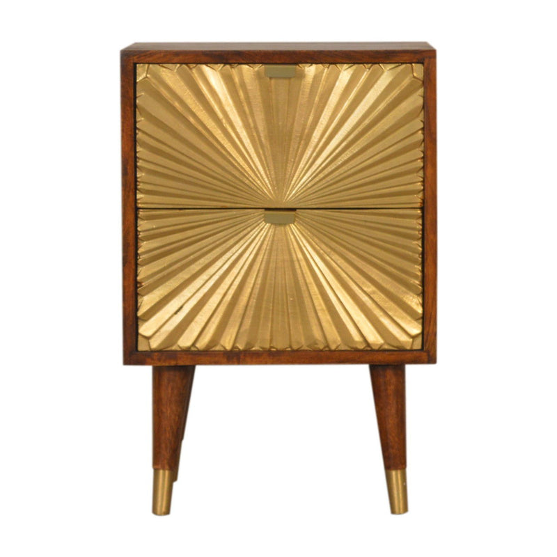 Brass And Solid Wood Geometric Brass Inlay Two Drawer Nightstand - Brown