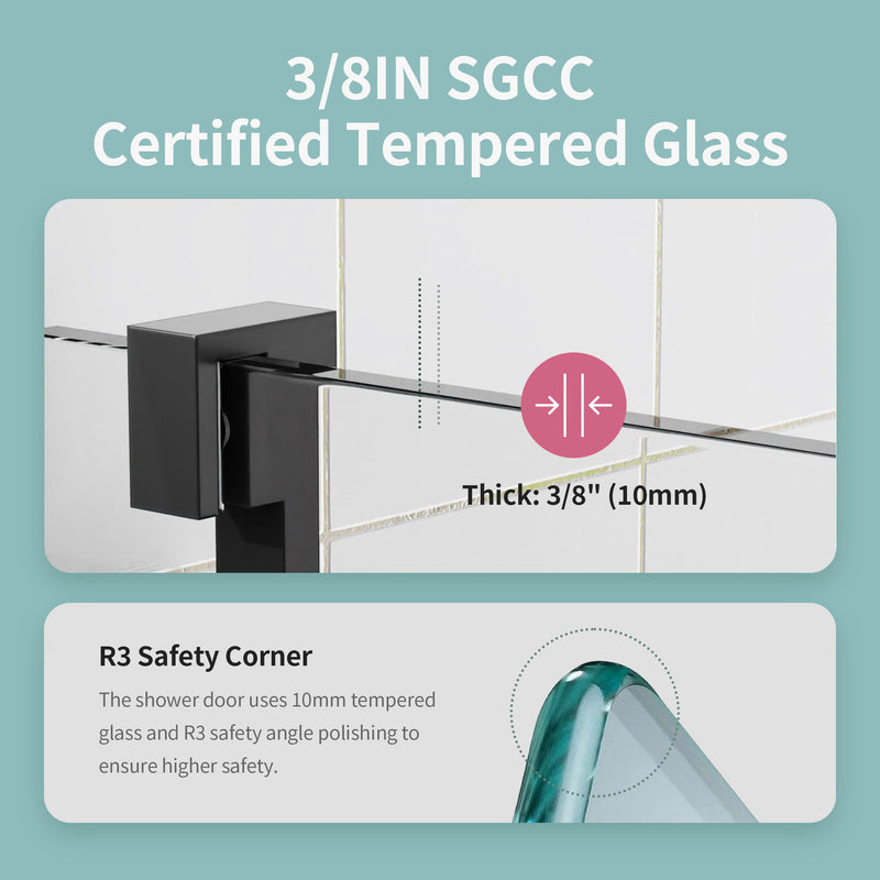 Frameless Single Sliding Soft Close Shower Doors, 3 / 8" Tempered Glass Reversible Installatio