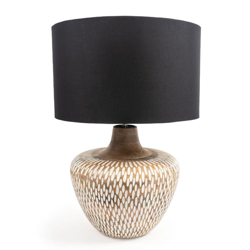 24" Solid Wood LED Table Lamp With Black Drum Shade - Brown / Off White