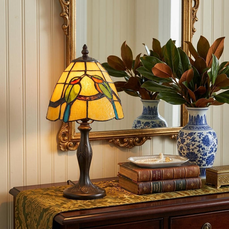 Birds Round Tiffany Lamp With Cone Shade - Bronze