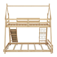 Load image into Gallery viewer, Twin over Queen House Bunk Bed with Climbing Nets and Climbing Ramp, Natural
