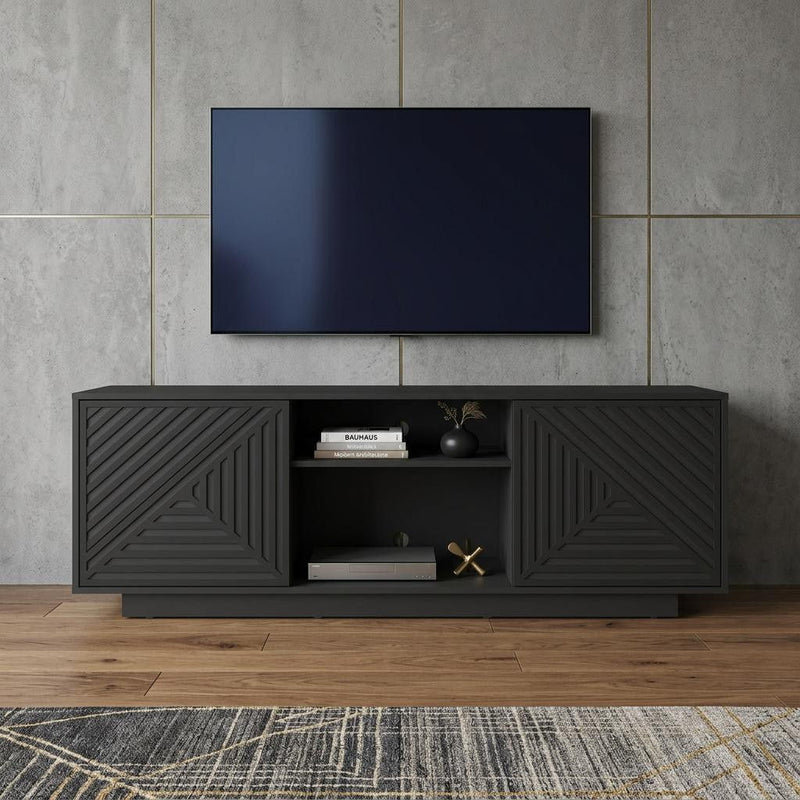Ribbed Texture Wood Enclosed Open Storage TV Stand - Black