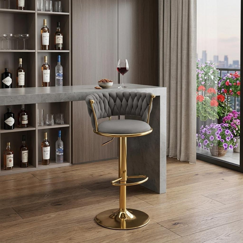 Velvet And Metal Low Back Adjustable Height Swivel Bar Chair - Gray And Gold