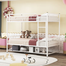 Load image into Gallery viewer, Twin Over Twin Metal Bunk Bed with Shelf and Guardrails, White
