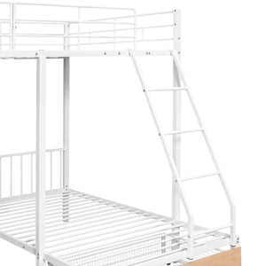 Full Over Twin & Twin Bunk Bed, Metal Triple Bunk Bed with Drawers and Guardrails, White