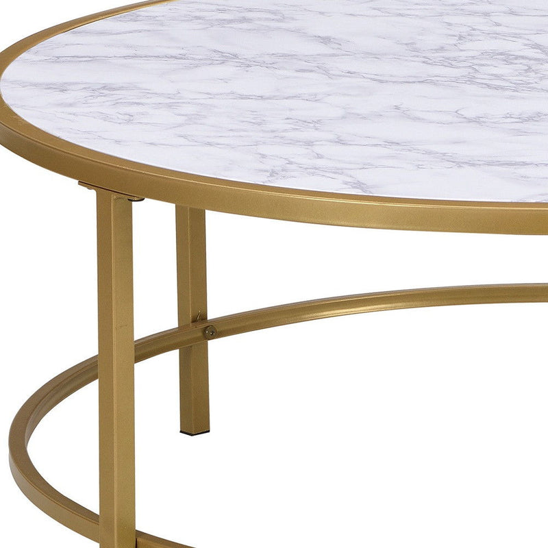 Faux Marble And Metal Round Coffee Table - White And Gold