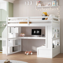 Load image into Gallery viewer, Full Size Loft Bed With Desk And Shelves, 2 Built In Drawers, Storage Staircase - White

