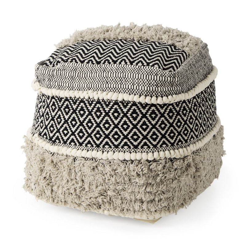 Cotton Geometric Pouf Ottoman - Black / Gray / White