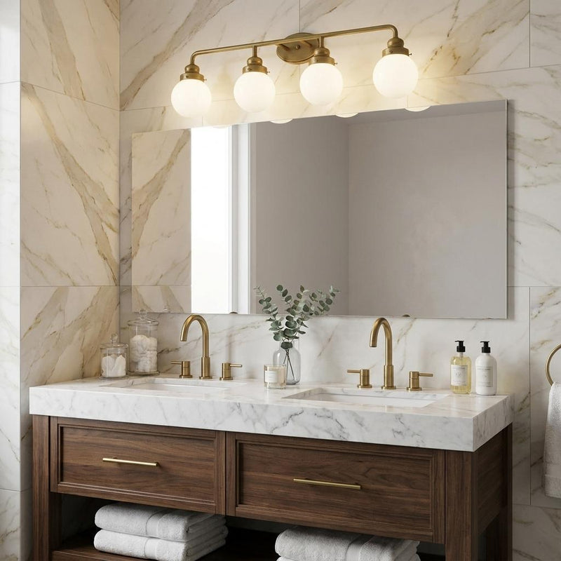 Metal And Glass Four Light Vanity Light - Brass And White