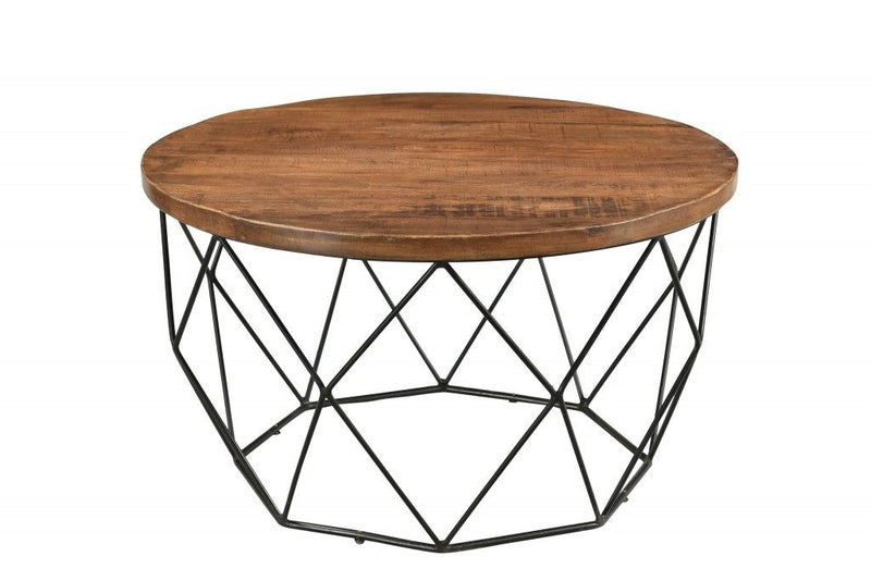 Solid Wood And Iron Round Frame Coffee Table - Brown