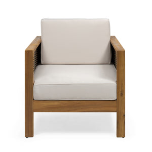 Outdoor Acacia Wood Club Chair with Wicker Accents, Teak Finish + Mixed Brown + Beige, 30.25"D x 27.5"W x 23.75"H