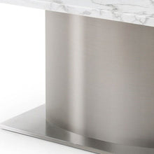 Load image into Gallery viewer, 72" Marble And Stainless Steel Pedestal Base Dining Table - Gray / White
