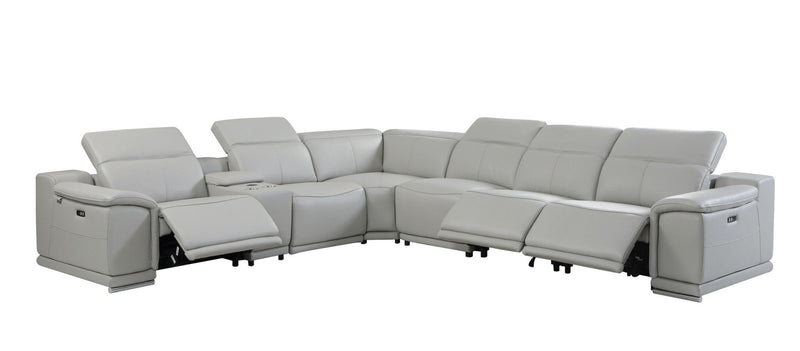 Italian Leather Power Reclining Seven Piece Corner Sectional With Console - Light Gray