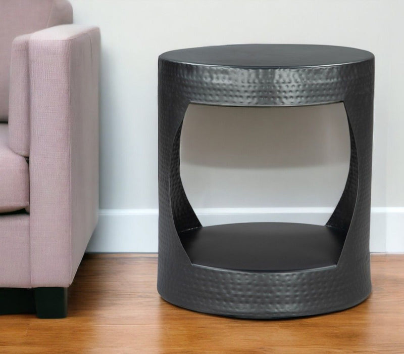 20" Iron Round Floor Shelf End Table - Black